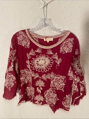 NWT Solitaire Wine Red Embroidered Boho Blouse SIZE medium Bohemian Feminine